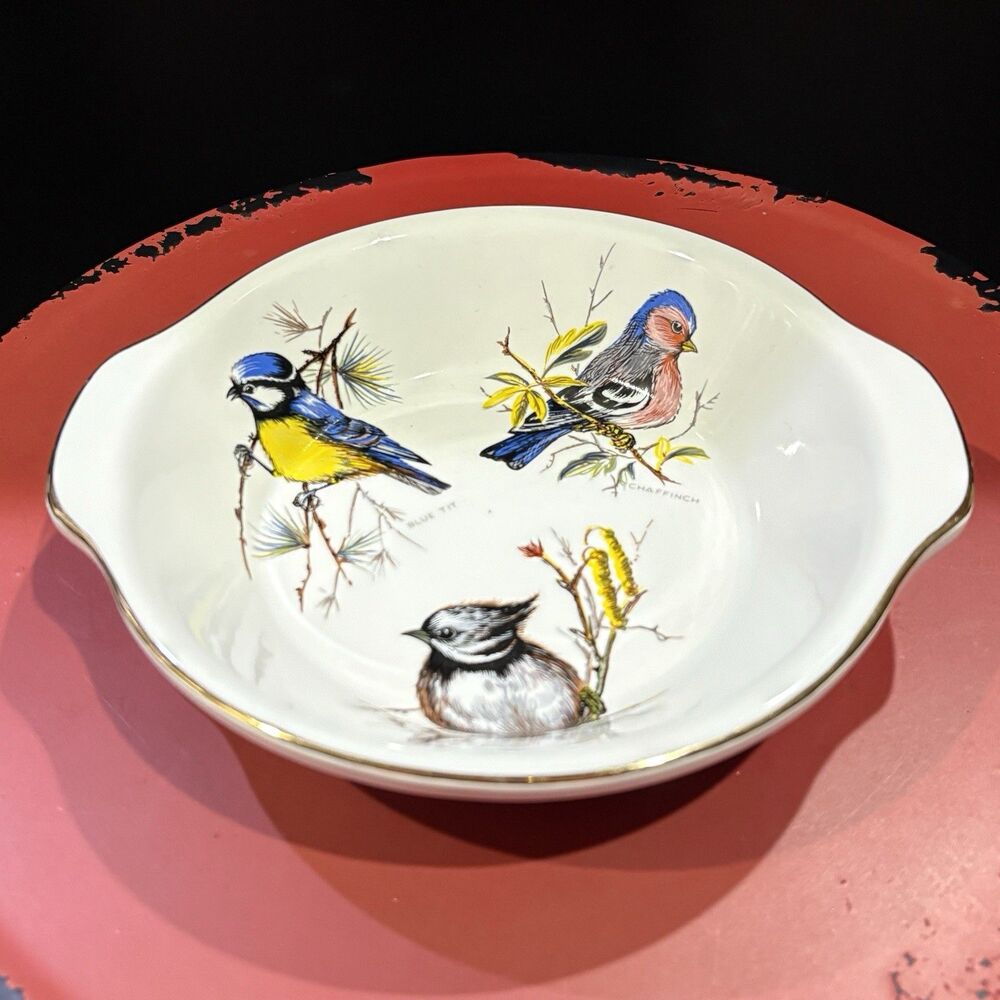 Porcelain Bird Serving Bowl Gold Trim Songbird Blue Tit Chaffinch Crested Tit